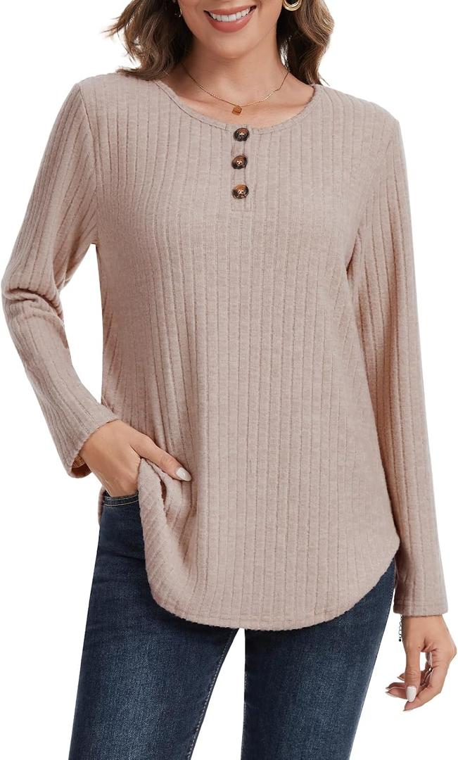 Women Long Sleeve Sweater Button Crewneck Fall Winter Tunic Tops Plus Size Shirts Loose Fit Dressy Casual Blouse (XL)
