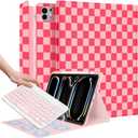 for iPad Pro 11 inch Case with Keyboard M4 - Pencil Holder Folio Women Girls Cute Kawaii Unique Design for Apple Tablet Cover Pro 11 2024, Pink Checkered