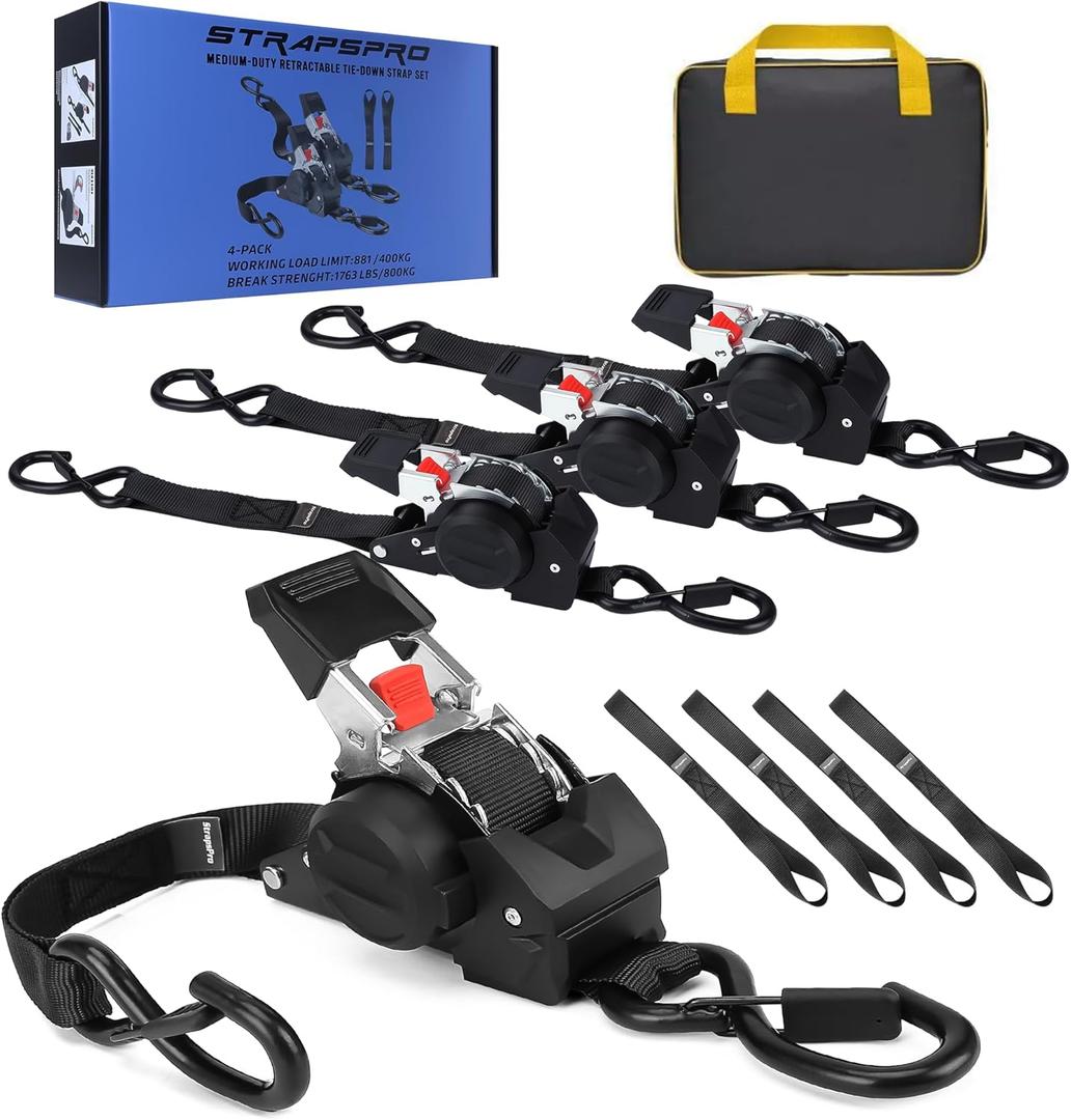 Retractable Ratchet Straps, 1763lb Break Strength Heavy Duty Auto Self Retracting Ratchet Strap with Soft Loops, 1 Inch x 10 Feet Tie Down Straps Easy Retract for Motorcycle Truck Securing Cargo, 4PK (Black)