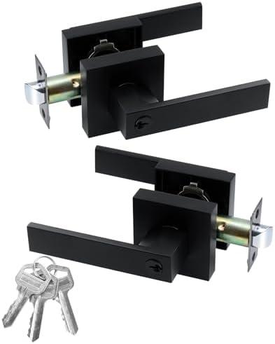 JO.KO Entry Door Lock Set, Square Door Lever for Bedroom, Passage Door Privacy Locking Interior/Exterior Entry Door Knob/Heavy Duty