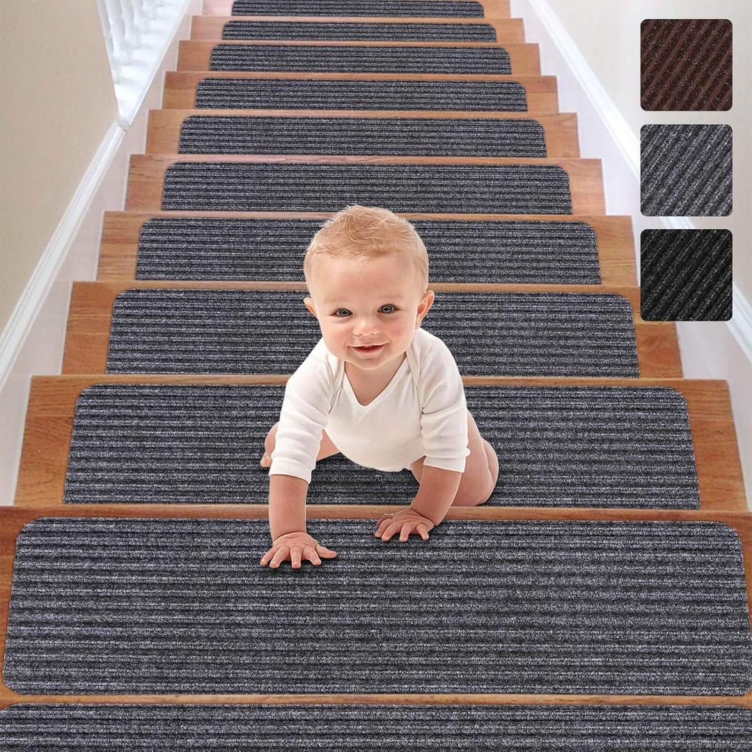 RIOLAND Stair Treads Carpet Non-Slip Indoor Stair Runners for Wooden Steps, Stair Rugs for Kids and Dogs, Set of 15, 8" X 30", Gray (Stripe Grey)