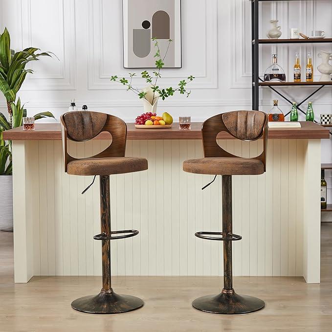 VECELO BarStools Set of 2,Kitchen Island Stools with Bentwood Back,Arm&Footrest,Counter Height Bar Chairs PU Leather Cushion Seat Adjustable Height 360°Swivel,Island Chairs for Club Pub,Rustic Brown
