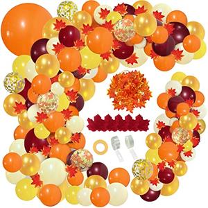 PERPAOL 141pcs Fall Balloons Garland Arch Kit, Orange Burgundy Balloons for Thanksgiving, Autumn, Little Pumpkin Shower, Birthday Party Decorations with Fall Leaves and Maple Garland