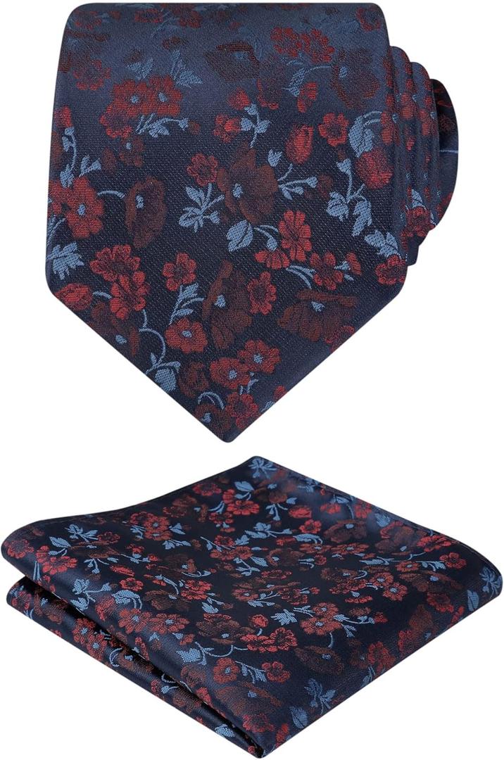 Alizeal Mens 3.15inches Flower Patterned Tie with Floral Printed Pocket Square (109-navy/Maroon)
