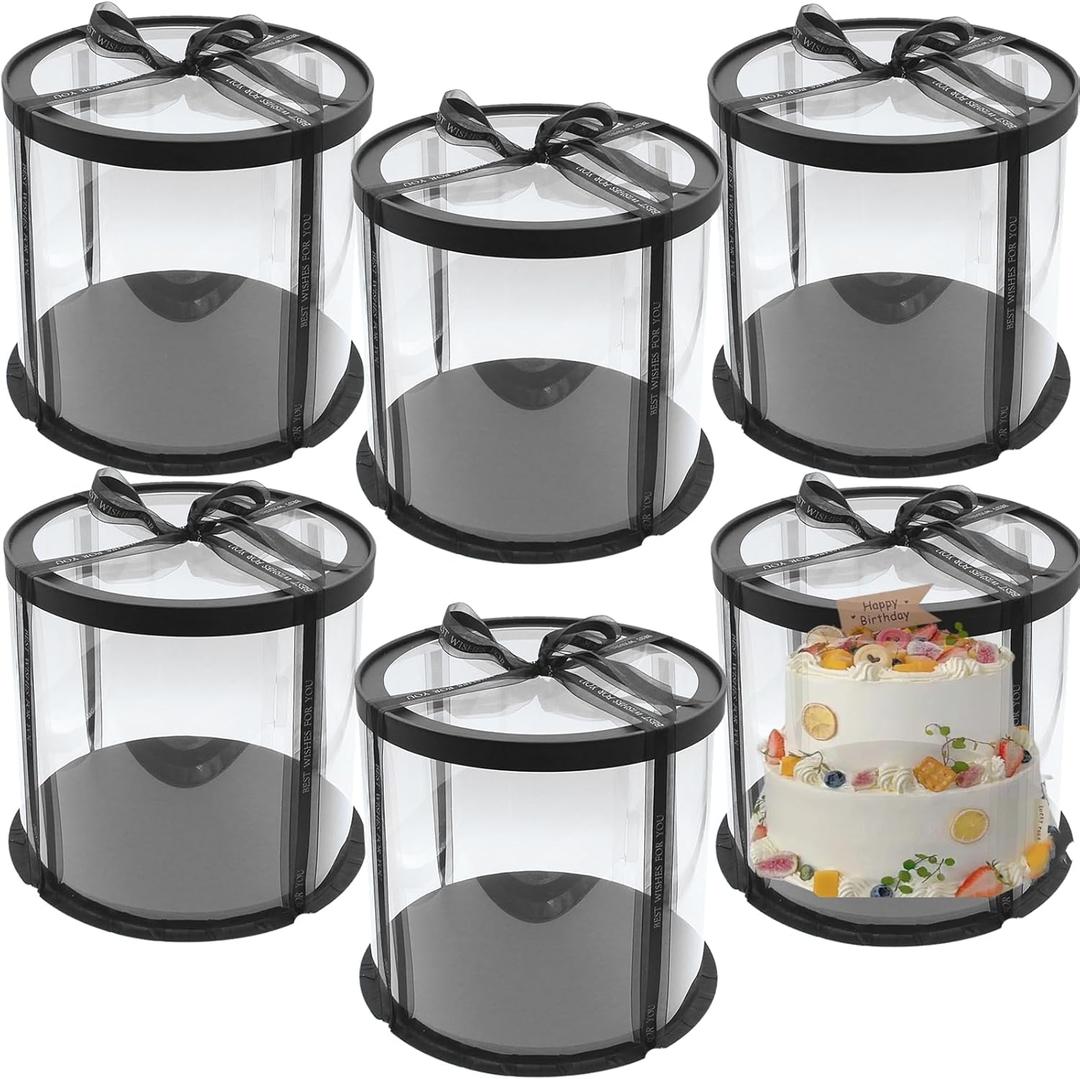 Zentriqlla 6 Pack Clear Cake Box with Ribbon, Round Transparent Tierd Cake Carrier, 10x10x9 inches Black Bakery Gift Boxes for Pastries with Lid and Black Board, Display Wedding Gift Packaging