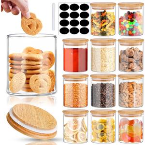 SLifeJars - Glass Jars with Bamboo Lids 16 oz, 12pcs Glass Food Storage Jars with Rewritable Labels, Bamboo Lid Jar for Kitchen Storage, Food Storage Containers with Lids for Herbs