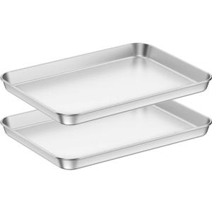 Baking Sheets 2 Pieces, Bastwe Cookie Sheets Set Stainless Steel Baking Pans Toaster Oven Tray Pans, Rectangle Size 12 × 10 × 1 inch, Rustproof & Healthy & Easy Clean & Dishwasher Safe