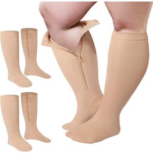 Hillban 2 Pair 15 - 25 Mmhg Wide Plus Size Calf Zipper Compression Socks for Women Men, Beige L-XL