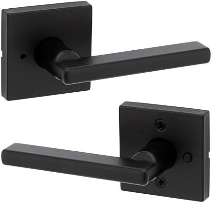 Kwikset Halifax Interior Privacy Door Handle with Lock, Door Lever For Bathroom and Bedroom, Matte Black Reversible Keyless Push Button Lock Door Lever, with Microban Protection, Square Rose, 1 set, Blac