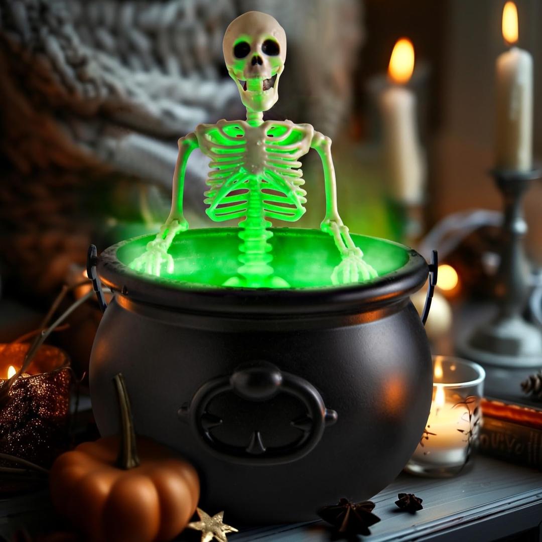 Halloween Decorations Indoor - Cauldron Halloween Decor with Black Plastic Witches Cauldron and LED Mist Maker Skeleton - Spooky Vintage Hocus Pocus Party Halloween Decoration for Home Table Kitchen