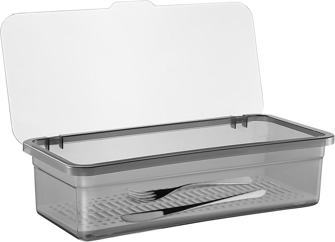 Cabilock Flatware Tray with Lid, Kitchen Cutlery Tray and Utensil Drawer Organizer, Silverware Countertop Storage Container with Cover 10 * 2.8 * 3.9 inches (1pcs)
