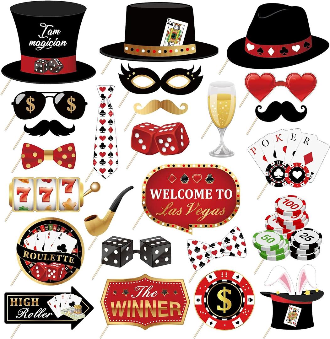 25Pcs Texas Hold'em Photo Booth Props with Stick, Las Vegas Selfie Props,777 Party Supplies,Playing Cards Theme Backdrop Decorations