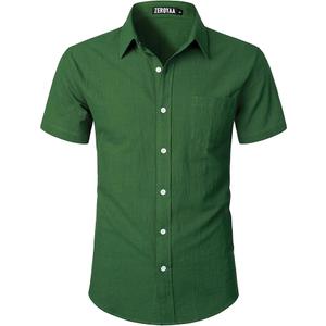 ZEROYAA Men's Fitted Cotton Like Linen Casual Short Sleeve Button Up Shirts Lightweight Beach Tops with Pocket, Size Small