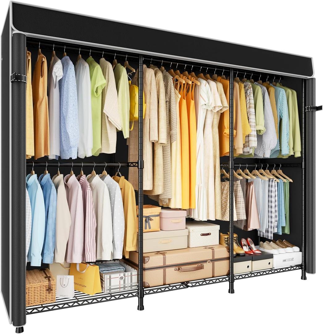 ULIFHOME E14C Pro Heavy Duty Closet Organizer SystemFreestanding Clothing Racks for Hanging ClothesAdjustable Garment Rack 70.1"W 16.6"D 76.4"H Hold 960 lbsBlack Rack with Black Dustproof Cover