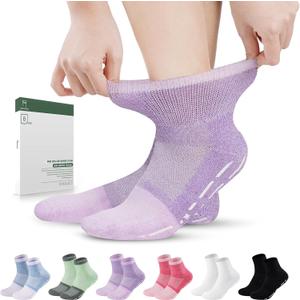 Bulinlulu Bamboo Viscose Diabetic Socks with Grippers for Men Women -6 Pairs Non Binding Ankle Slipper Socks Size 6-9 9-12 (Large, Purple/Green/Orange Red/Pale Purple/Black/White)