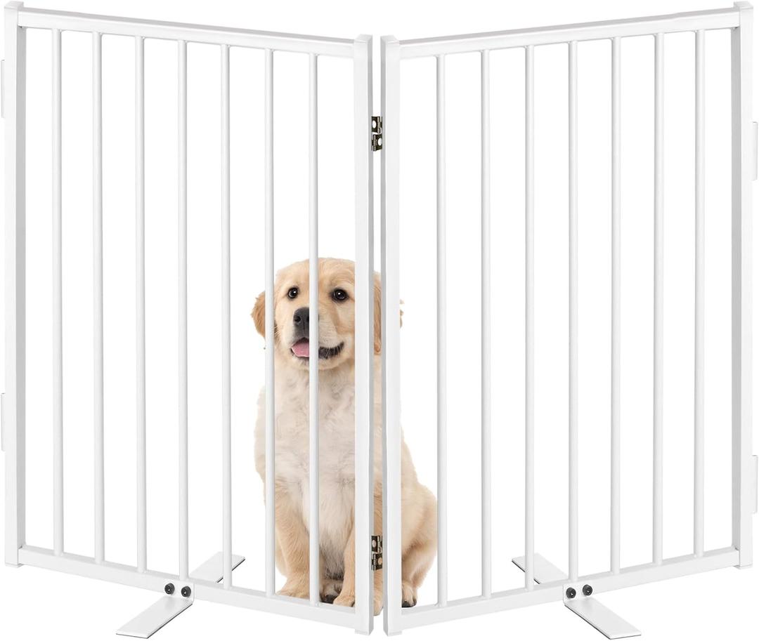 Metal Freestanding Dog Gates with Door for Outdoor Indoor, 40'' Extra Wide 24'' Tall Free Standing Dog Gate for Doorways, Large Openings, Deck, Yard, Porch, Foldable Safety Pet Fence (White, 2 Panels)