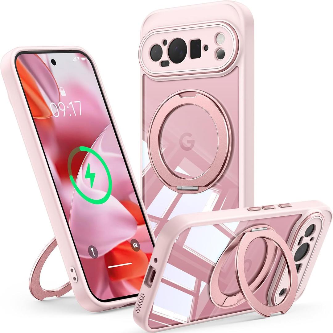 360 Magnetic Stand Case for Google Pixel 9 Pro Fit for MagSafe & Pixelsnap Cover with Ring Holder Shockproof Protective Cell Phone Google Pixel 9 Pro Case - Pink