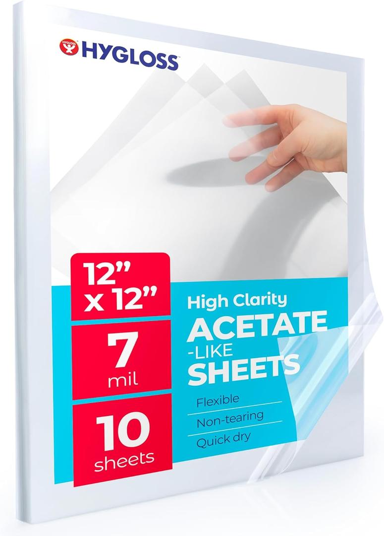 Hygloss 12" x 12" Acetate Paper - 7 Mil Clear Acetate Sheets for Crafts Projects, Cricut Stencil Sheets, Classroom Stencil Sheets, Reusable Transparent Clear Plastic Sheet (Not for Printers) 10 Pack