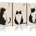 3Pcs Framed Black Cat Japanese Zen Ink Style Cute Funny Animal Wall Art Decor Canvas Print Picture Poster Gallery Bathroom Bedroom Living Room Office 12x16 Inch Ready to Hang