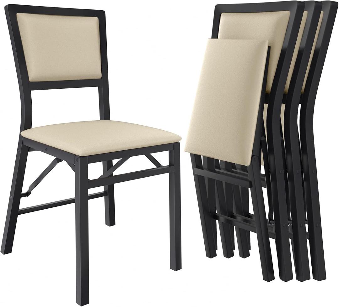 VECELO Folding Dining Chairs Set of 4, Metal Padded Foldable Seating with Comfortable Faux Leather, Space-Saving Portable Guest Seats for Kitchen & Office, No Assembly, Creamy Beige, 4 Pack
