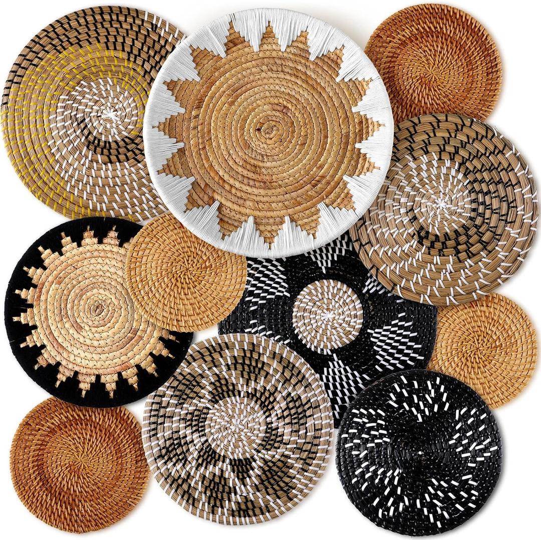 11 Pcs Boho Hanging Wall Basket Decor Handmade Woven Basket Wall Decorative Boho Wicker Baskets Placemats Round Farmhouse Bulrush Art for Rustic Home Decorations Christmas Gift(Stylish)