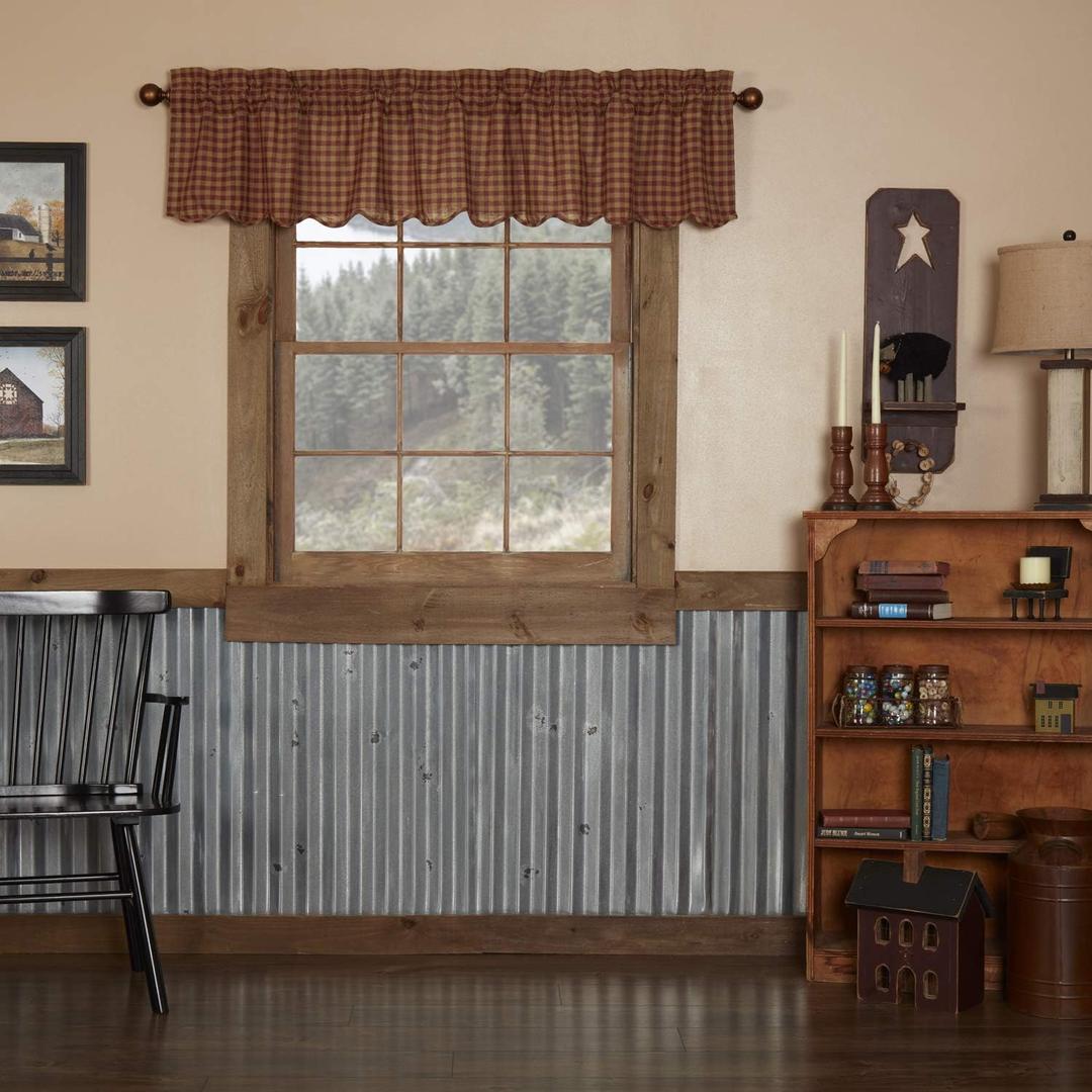 VHC Brands Burgundy Check Primitive 16"x72" Valance Red Rod Pocket Cotton Kitchen Window Curtains