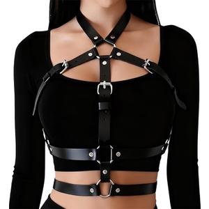 Punk Harness Belts for Woman Leather Chest Body Chain Belt Rave Halloween Accessories Belt Adjustable Gothic (Fit Waist 24.8-36 in)
