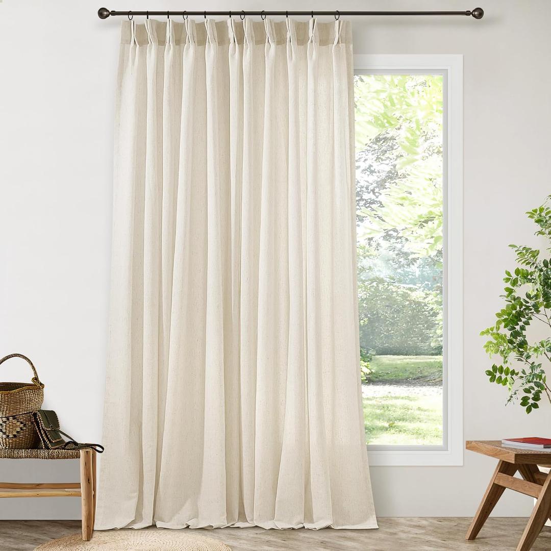 72 x 108 Inch Linen Curtains for Living Room Pinch Pleated Extra Wide Drapes with Hooks Light Filtering Semi Sheer Sand Beige Rustic Patio Sliding Door Curtains 108 Inch Length for Large Window