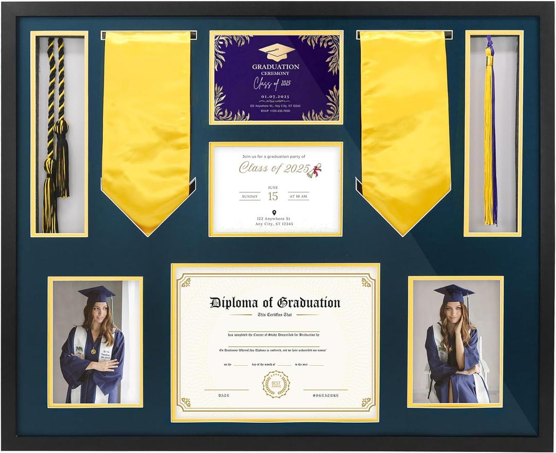 FramePro Graduation Shadow Box 24x29 Inch Display Case with Tempered Glass - Preserve Diploma(8.5x11), Tassel, Stole, Medal & 5x7 Photo | Premium Graduation Gift, Navy Gold Mats
