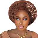 Pre-Tied Nigerian Auto Gele Head Tie African ASO Oke Headwrap Handmade Turban Hat Cap for Women Wedding Party (One Size, Brown)