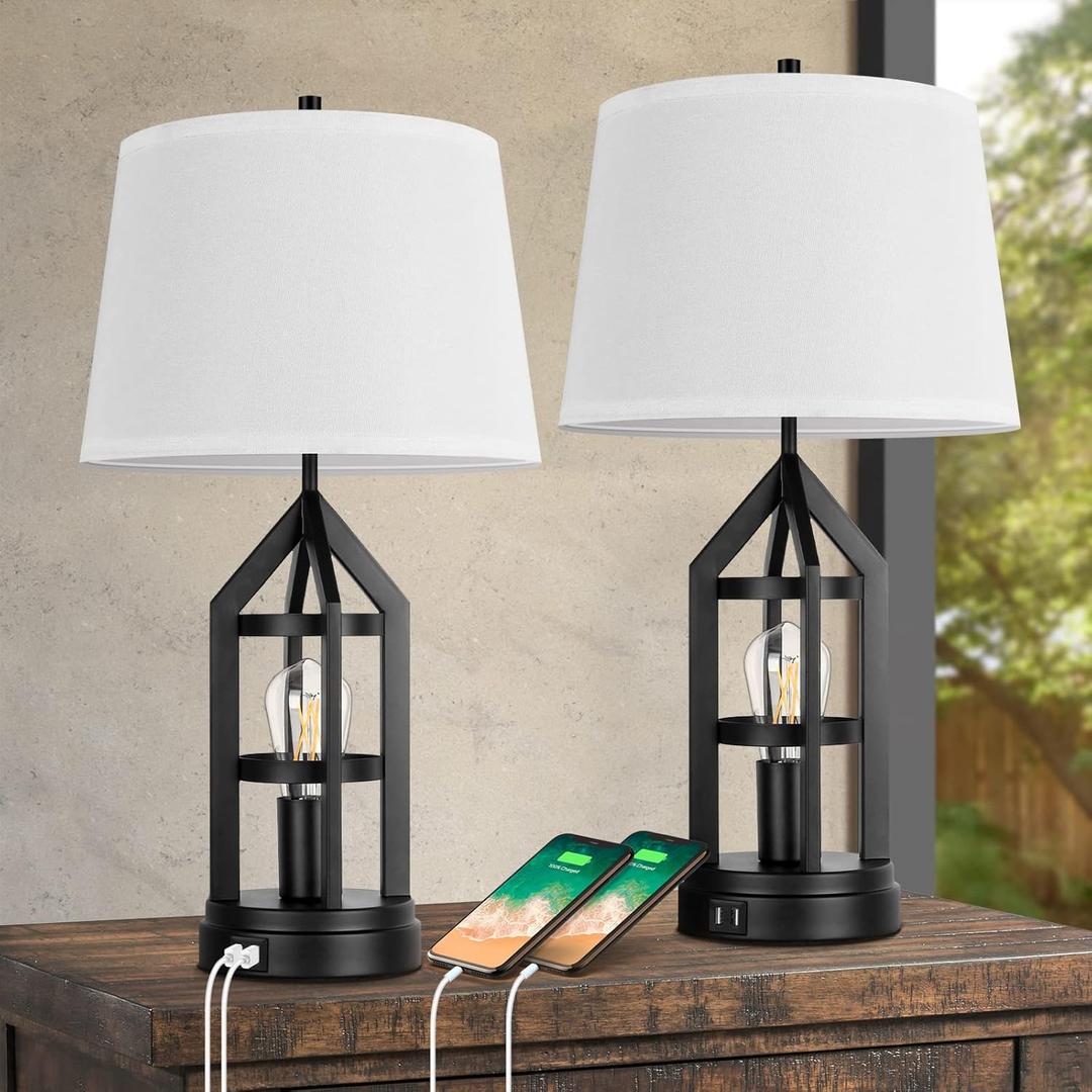 BesLowe 2-Light Farmhouse Touch Table Lamps, 3-Way Dimmable Bedside Lamps with 2 USB Ports for Bedroom, Rustic End Table Lamps for Living Room with White Shades, 4 LED Bulbs Included, Set of 2