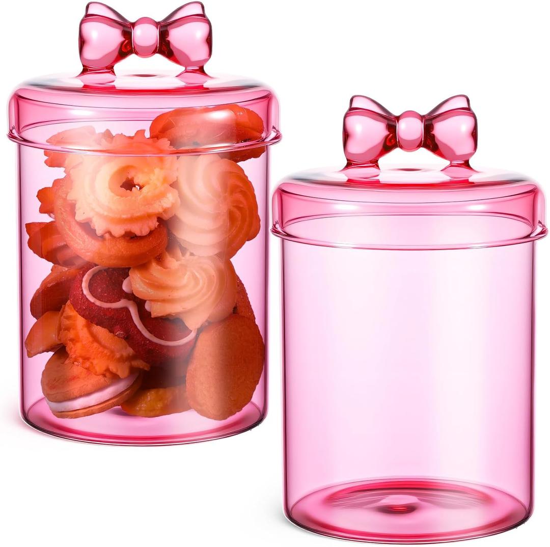 Meanplan 2 Pack Pink Bow Glass Storage Containers with Airtight Lid 30 oz Cute Food Storage Jars Organizers for Overnight Oats, Kitchen Cookies, Coffee Beans, Dry Goods, Candy, Tea