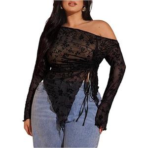 RoseSeek Women's Plus Size Sheer Mesh Off Shoulder Tops Long Sleeve Drawstring Asymmetrical Hem Ruched T Shirt Floral Black Large Plus