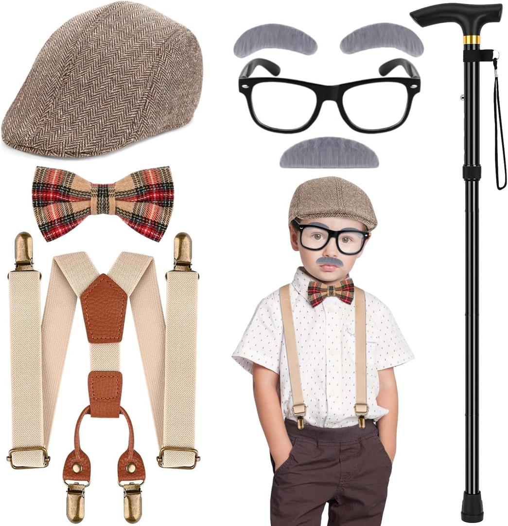 6 PCS Old Man Costume for Boys,100 Days of School Old Person Costume for Kids Grandpa Cosplay