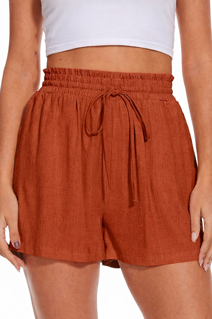 Cizayoi Women's Linen Shorts Wide Leg High Waisted Drawstring Summer Beach Casual Shorts Vacation Outfits Rust XXL