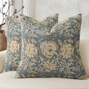 Vintage Floral Print Throw Pillow Covers 20x20 Set of 2 Neutral Modern Farmhouse Pillowcase Accent Decorative Cushion Covers Boho Home Decor for Couch Sofa Chair Bed Living Room, Dusty Blue