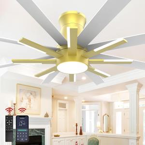 60 inch White Ceiling Fans with Lights and Remote, Flush Mount Ceiling Fan for Living Room Bedoom6 Speed Reversible8 Blades and 9 Lights3 CCTWhite Gold, 60 x 60 x 16 inches
