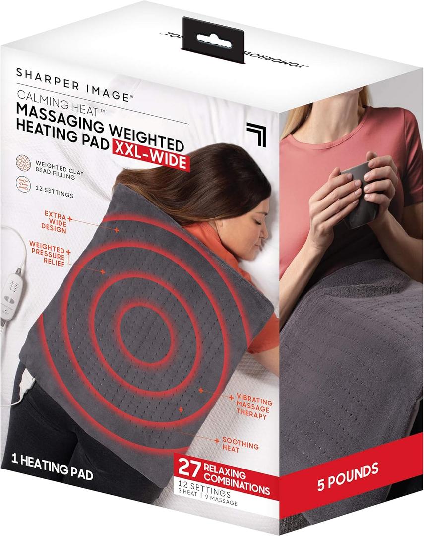 Calming Heat XXL-Wide Massaging Weighted Heating Pad by Sharper Image- Electric Heating Pad with Massaging Vibrations, Auto-Off, 12 Settings- 3 Heat, 9 Massage- 27 Relaxing Combos, 20 x 24, 5 lbs (27 Combinations- 20 x 24, 5 Pound)
