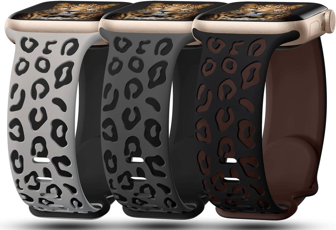 3 Pack Leopard Engraved Bands Compatible with Apple Watch Band 41mm 40mm 38mm 42mm 44mm 45mm 46mm 49mm Women, Soft Silicone Cheetah Embossed Sport Strap for iWatch Series 10 9 8 7 6 5 4 3 2 1 Ultra (Black&Coffee,DGrey & Black,Grey&Black)