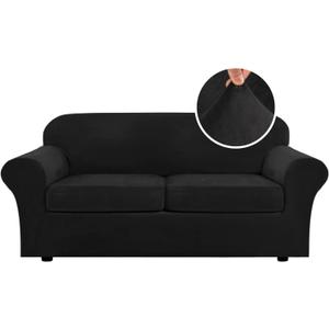 H.VERSAILTEX Real Velvet Plush 3 Piece Stretch Sofa Covers Couch Covers for 2 Cushion Couch Sofa Slipcovers Width Up to 90 Inch Feature Thick Soft Stay in Place (Large Sofa, Black)