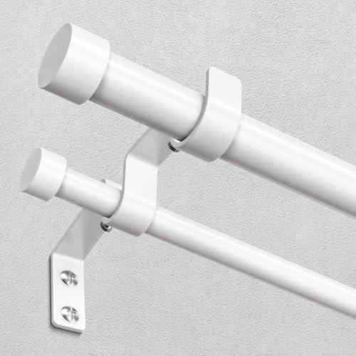 White Double Curtain Rod, 36 to 72 Inch Dual Curtain Rods with Aluminium Modern End Cap Finials, 1 Inch Adjustable Heavy Duty Window Treatment Rods, Telescopic Metal Double Drapery Pole Set
