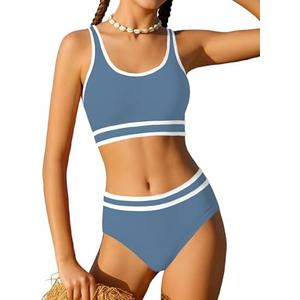 Girls Swimsuit Double Strap High Waist Sporty Bikini Swimsuits Swim Cover Up Skirt 3 Piece Set 11-12Y, Blue