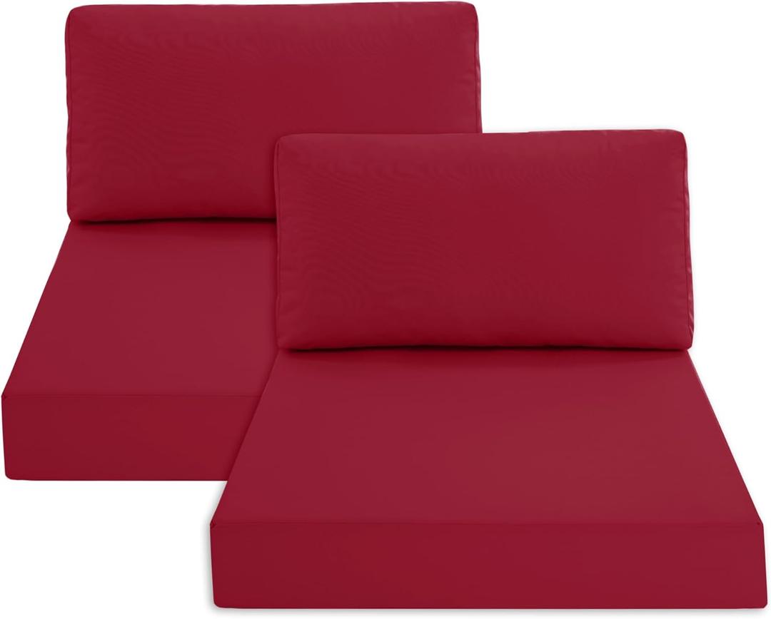 Outdoor Chair Cushions for Patio Furniture with Waterproof Detachable Cover, Deep Seat Couch Cushion Replacement and Backrest Pillow Set for Sectional Sofa, 25.6 x 25.6 Inch, Red, Set of 2