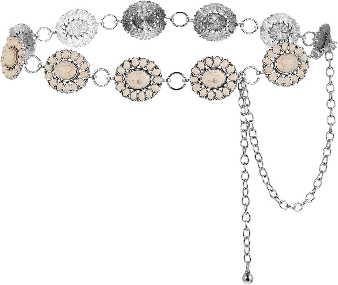 Tarpop Western Metal Concho Belt for Women Turquoise Concho Belts Oval Round Flower Adjustable Chain for Women Dresses Jeans (White)