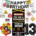 Roetyce 13th Birthday Decorations Boys Girls, Black Happy 13th Birthday Banner Backdrop Balloons Hanging Swirls, Caution Logo Themed Teenager 13 Years Old Party Yard Door Wall Cover Background