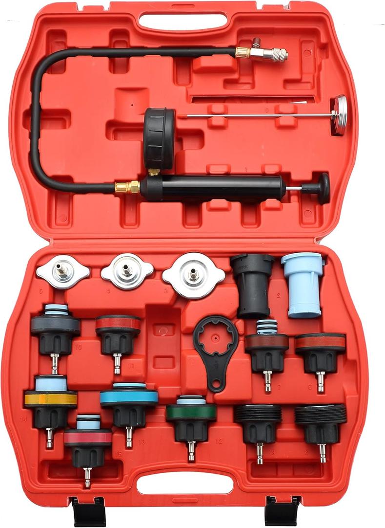 ATPEAM 18pcs Radiator Pressure Pump Cooling System Car Leak Tester Detector Tool Water Tank Adapter Auto Coolant Vacuum Purge Head Gasket
