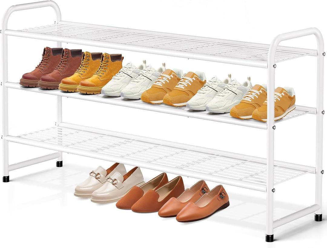 KEETDY 3-Tier Long Shoe Rack for Closet Metal Shoe Organizer for Entryway, Wide Stackable Shoe Storage Shelf with Sturdy Wire Grid for Closet Floor, Bedroom, White (11.4x43x24.4)