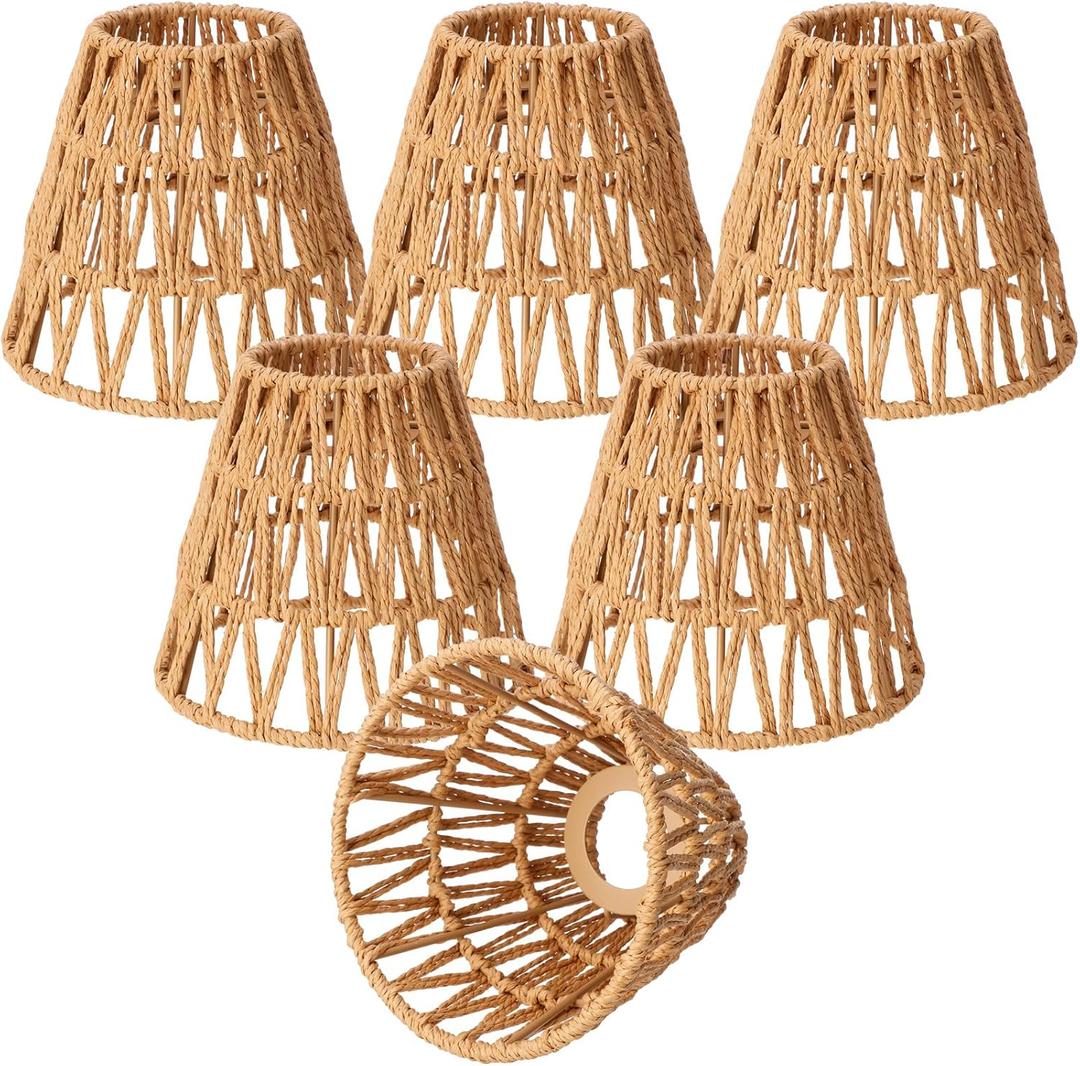 Tujoe Small Rattan Bell Lamp Shade Boho Handwoven Barrel Rattan Chandelier Shades Replacement for Table Floor Lamp Pendant Light Fixtures, 5.5" H x 5.9" D, 2.76" Fitter(6 Pcs,Boho,Normal)