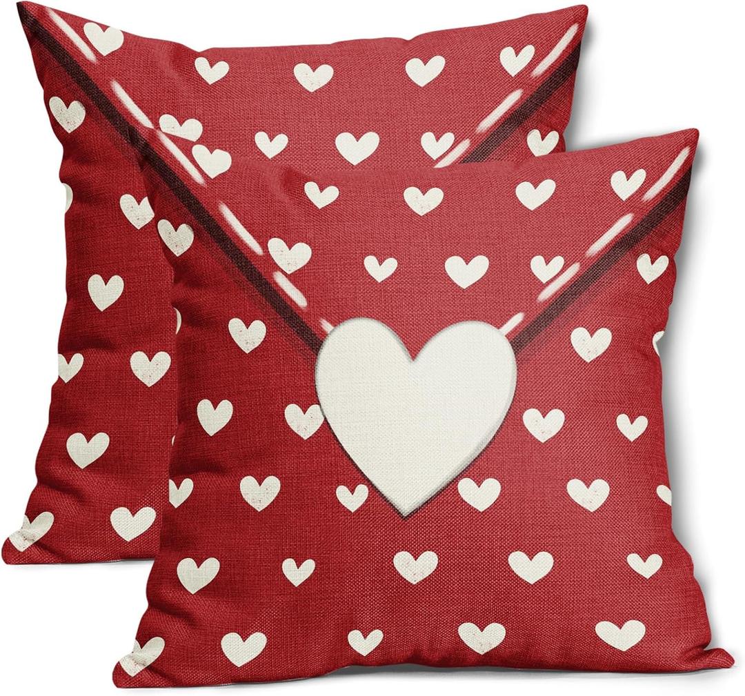 Valentines Day Pillow Covers 20x20 Inch Set of 2 White Heart Red Envelope Cotton Linen Decorative Throw Pillow Case Holiday Print Cushion Covers for Bedroom Sofa Living Room Chair Home Decor