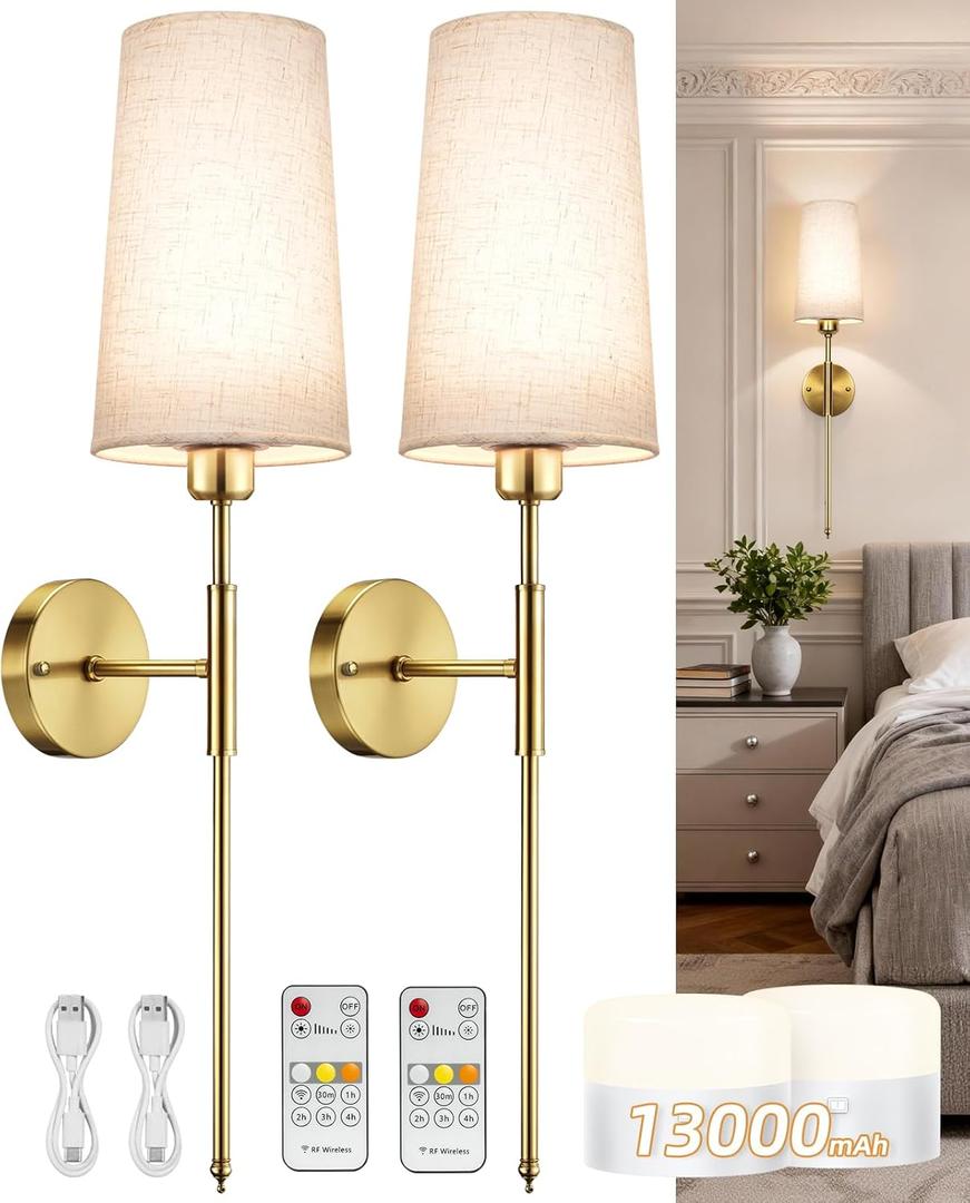 NookNova Battery Operated Wall Sconce Set of 2, 13000mAh Rechargeable Battery Powered Sconces with Remote Dimmable Fabric Shade Wireless Sconces Fixture for Bedroom Living Room (Gold+Beige)